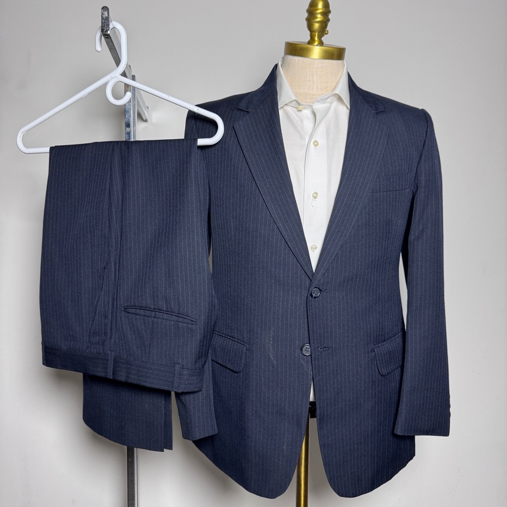 1980s Brand Vintage JCPenney Suit Mens 40R 32x28 Navy Blue Pinstripe 2-Piece